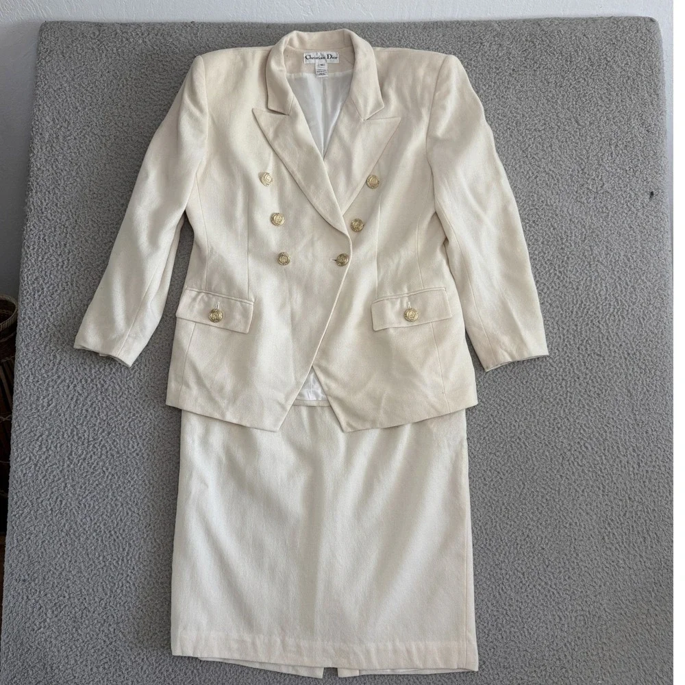 Christian Dior Vintage Wool Suit sz 16 Cream Double Breast Gold Crest Buttons